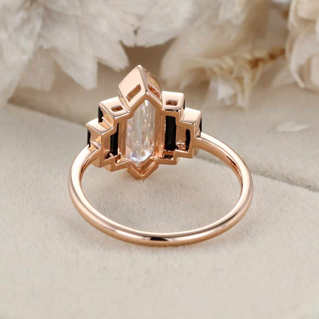 Hexagon cut Moissanite engagement ring Unique Cluster Black Onyx engagement ring Vintage Rose gold engagement ring bridal wedding promise