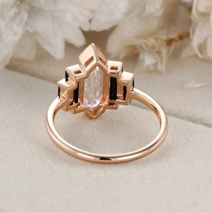 Hexagon cut Moissanite engagement ring Unique Cluster Black Onyx engagement ring Vintage Rose gold engagement ring bridal wedding promise