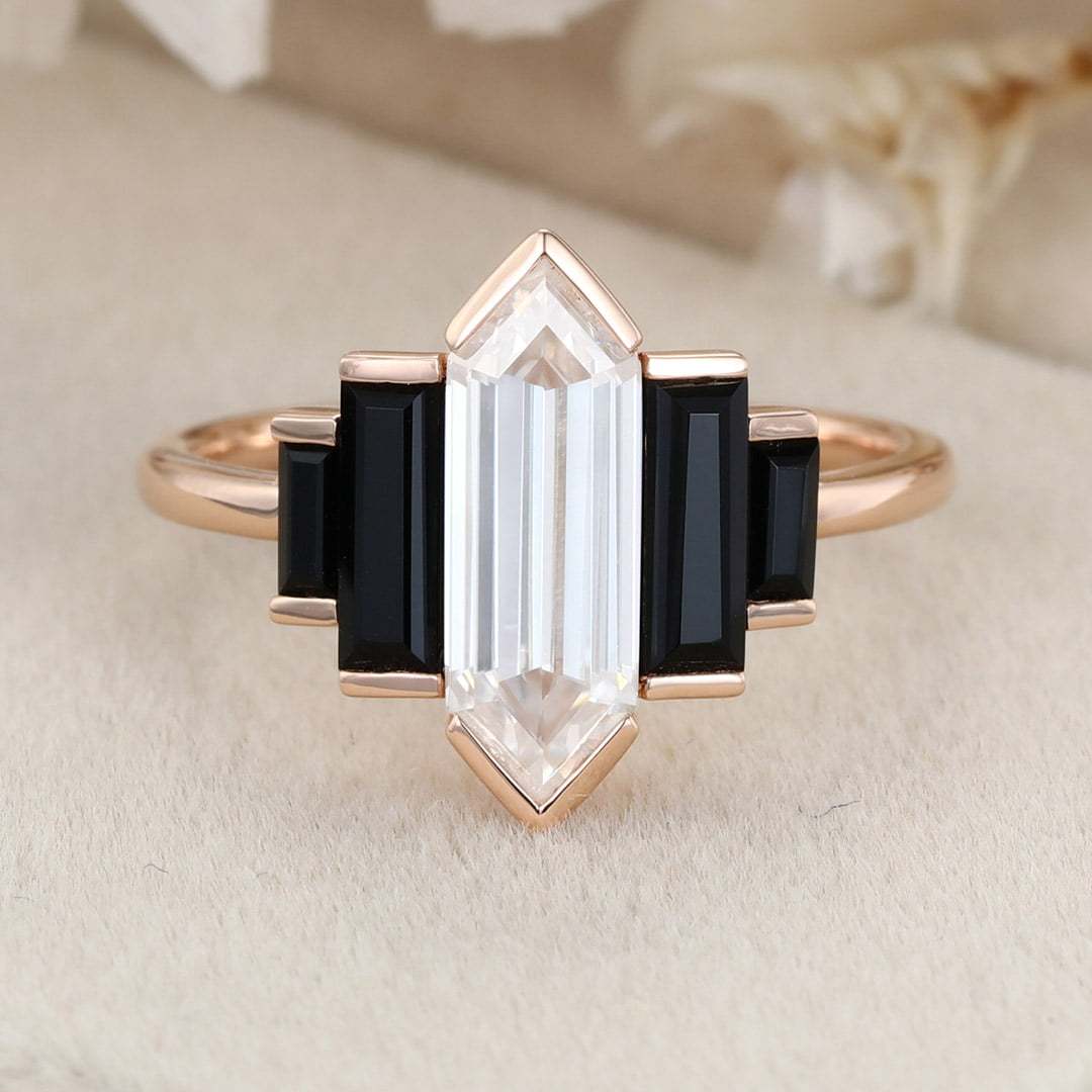 Hexagon cut Moissanite engagement ring Unique Cluster Black Onyx engagement ring Vintage Rose gold engagement ring bridal wedding promise