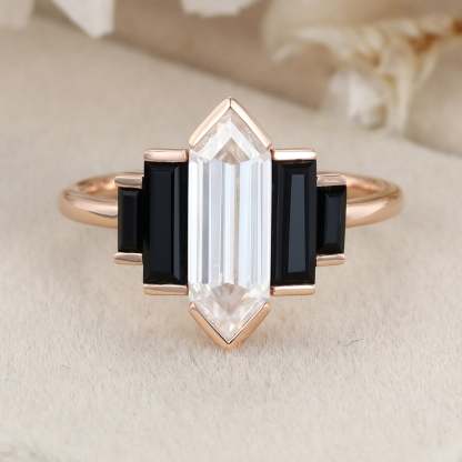 Hexagon cut Moissanite engagement ring Unique Cluster Black Onyx engagement ring Vintage Rose gold engagement ring bridal wedding promise