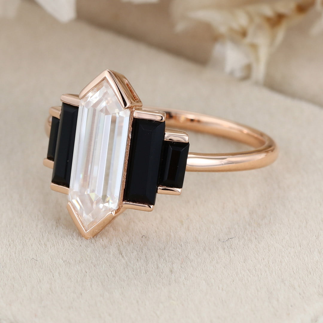 Hexagon cut Moissanite engagement ring Unique Cluster Black Onyx engagement ring Vintage Rose gold engagement ring bridal wedding promise