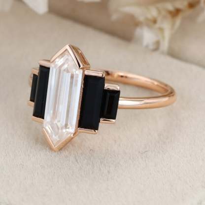 Hexagon cut Moissanite engagement ring Unique Cluster Black Onyx engagement ring Vintage Rose gold engagement ring bridal wedding promise