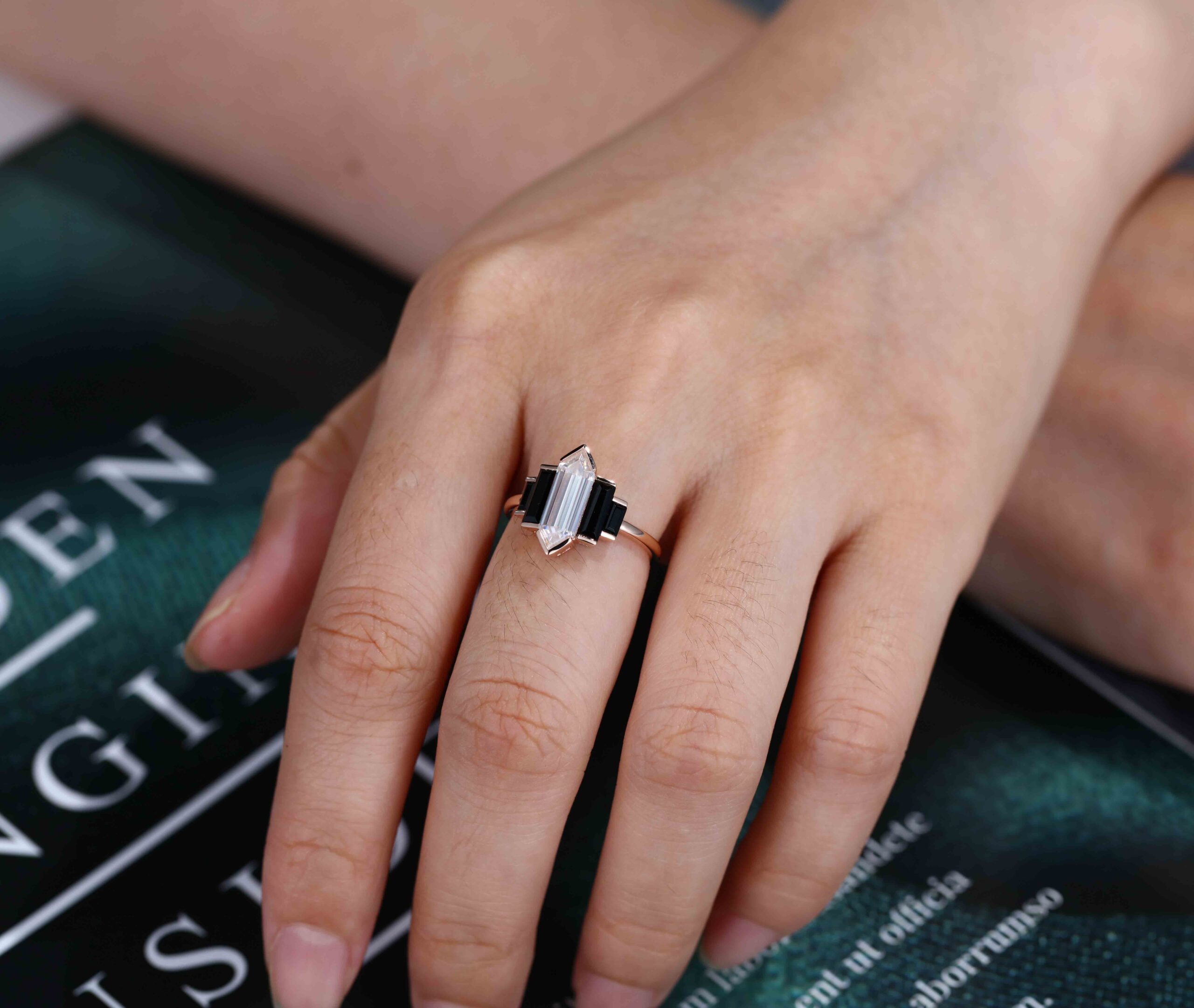 Hexagon cut Moissanite engagement ring Unique Cluster Black Onyx engagement ring Vintage Rose gold engagement ring bridal wedding promise