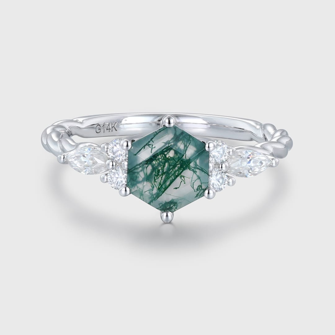 Hexagon cut Moss Agate engagement ring Unique White gold twisted Moissanite ring Diamond Bridal ring Promise Anniversary ring