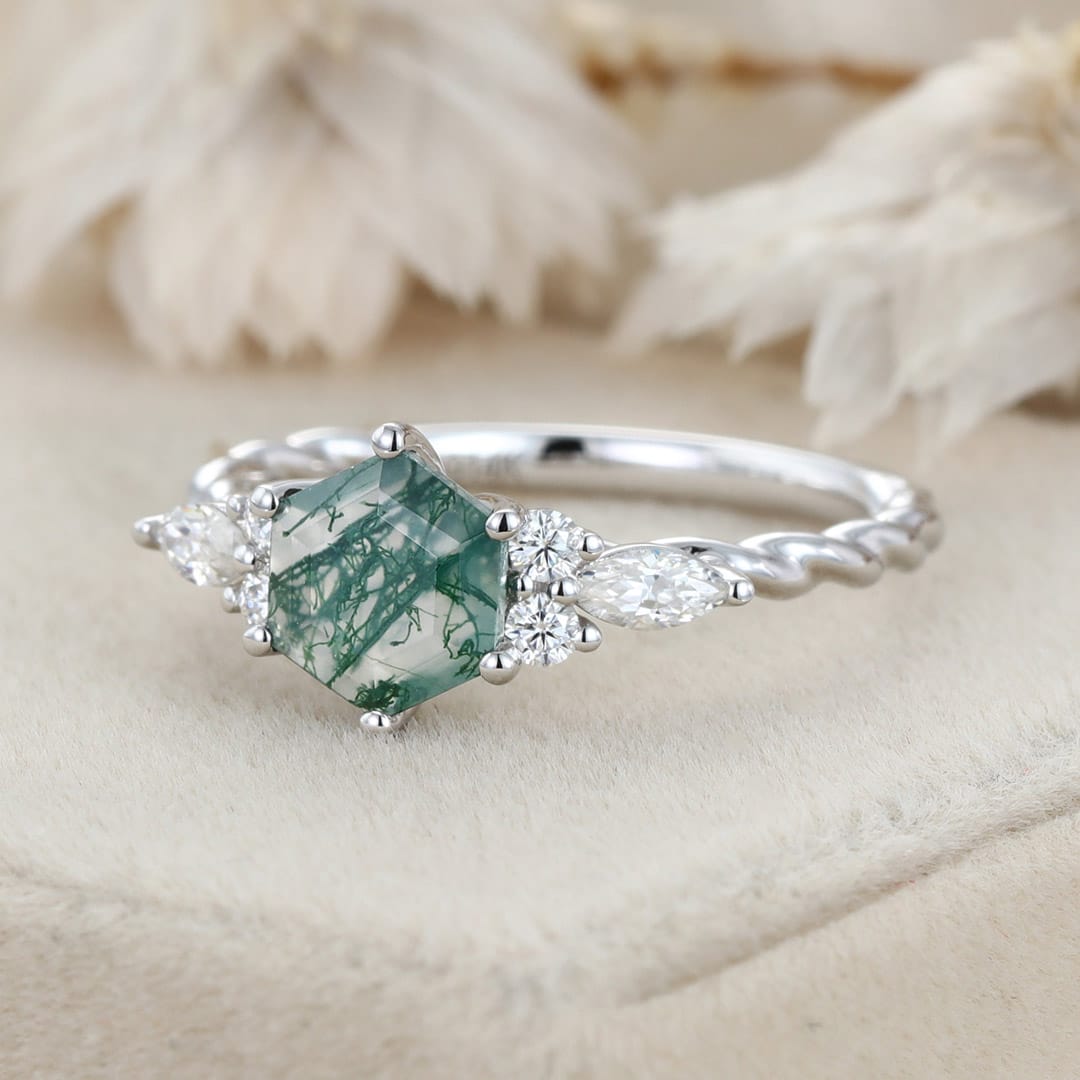 Hexagon cut Moss Agate engagement ring Unique White gold twisted Moissanite ring Diamond Bridal ring Promise Anniversary ring