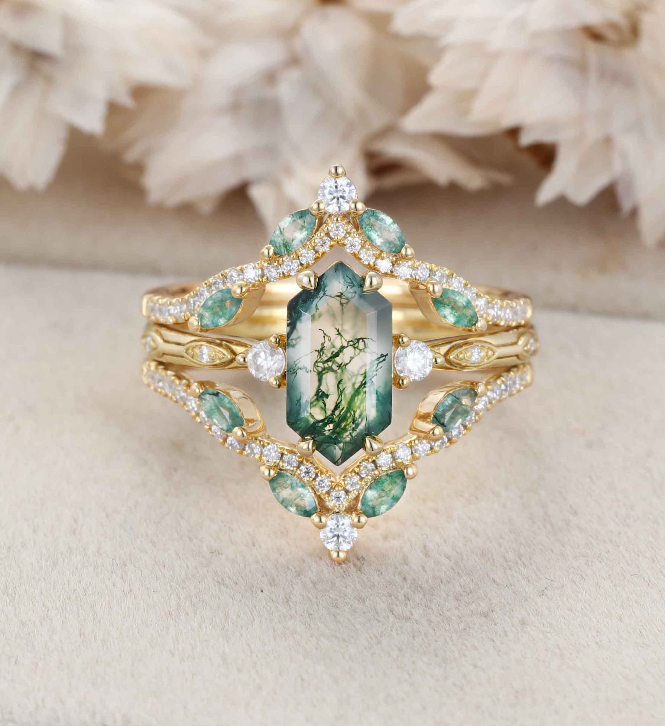 Hexagon cut Natural Moss Agate Engagement Ring Set Marquise Yellow Gold Engagement Ring Vintage Unique Cluster Ring Double Curved Diamond Promise Gift