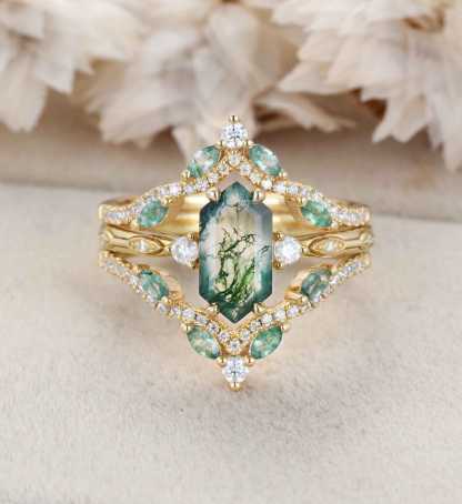 Hexagon cut Natural Moss Agate Engagement Ring Set Marquise Yellow Gold Engagement Ring Vintage Unique Cluster Ring Double Curved Diamond Promise Gift