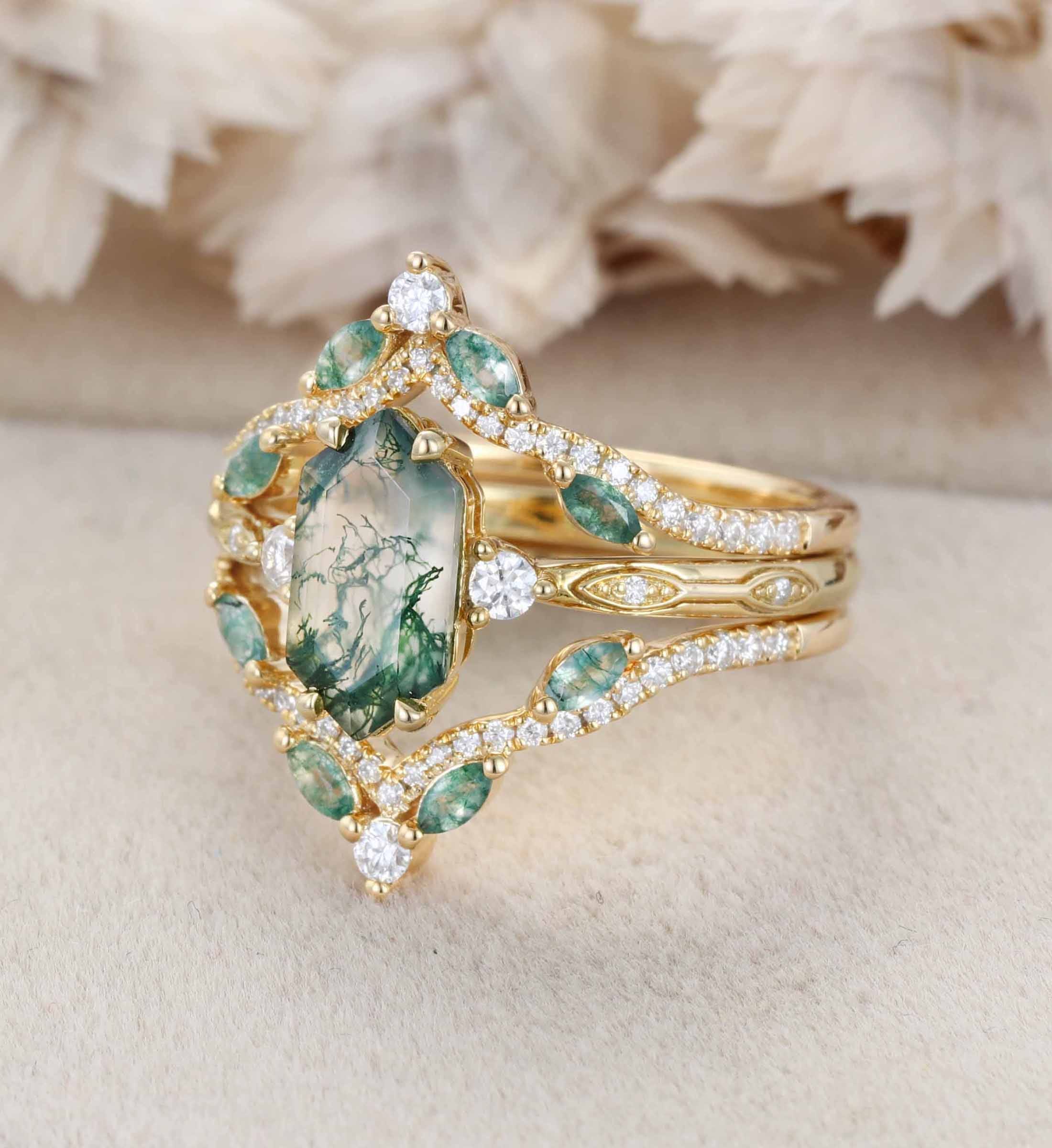 Hexagon cut Natural Moss Agate Engagement Ring Set Marquise Yellow Gold Engagement Ring Vintage Unique Cluster Ring Double Curved Diamond Promise Gift