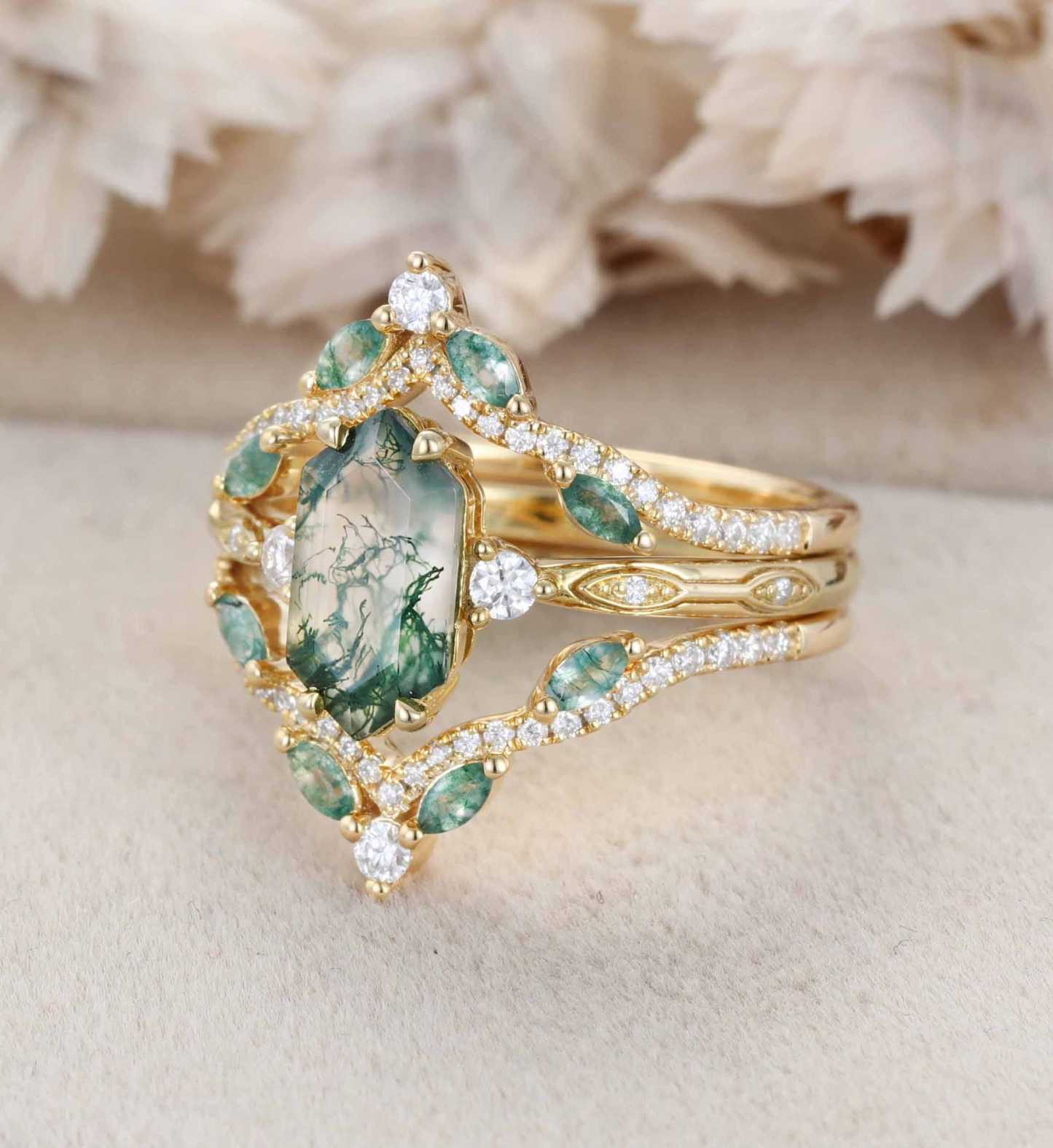 Hexagon cut Natural Moss Agate Engagement Ring Set Marquise Yellow Gold Engagement Ring Vintage Unique Cluster Ring Double Curved Diamond Promise Gift
