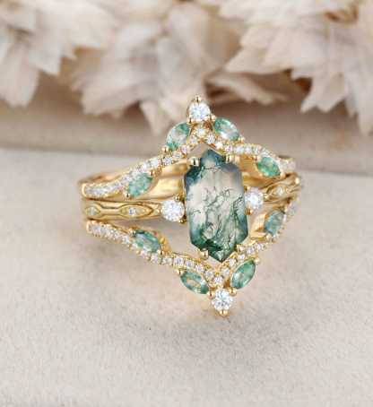 Hexagon cut Natural Moss Agate Engagement Ring Set Marquise Yellow Gold Engagement Ring Vintage Unique Cluster Ring Double Curved Diamond Promise Gift
