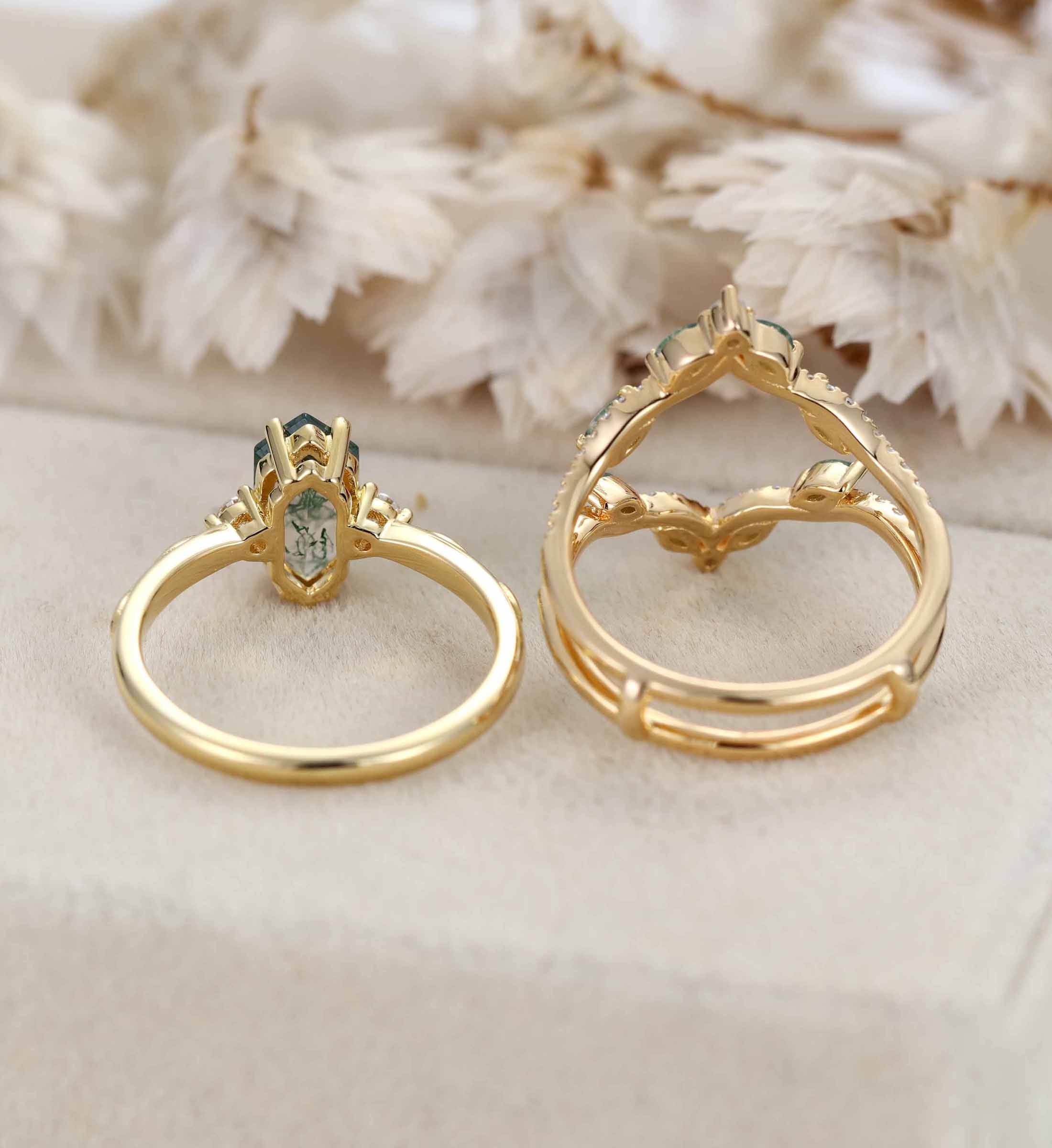 Hexagon cut Natural Moss Agate Engagement Ring Set Marquise Yellow Gold Engagement Ring Vintage Unique Cluster Ring Double Curved Diamond Promise Gift