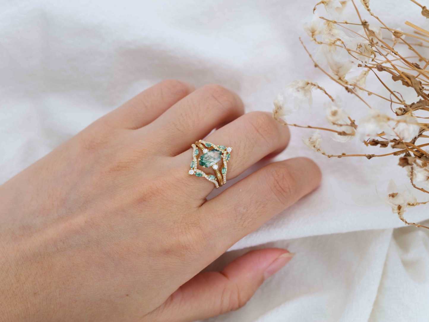 Hexagon cut Natural Moss Agate Engagement Ring Set Marquise Yellow Gold Engagement Ring Vintage Unique Cluster Ring Double Curved Diamond Promise Gift