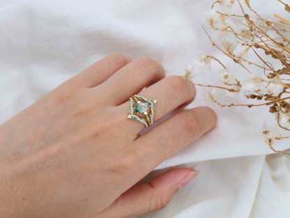 Hexagon cut Natural Moss Agate Engagement Ring Set Marquise Yellow Gold Engagement Ring Vintage Unique Cluster Ring Double Curved Diamond Promise Gift