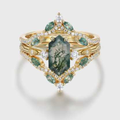 Hexagon cut Natural Moss Agate Engagement Ring Set Marquise Yellow Gold Engagement Ring Vintage Unique Cluster Ring Double Curved Diamond Promise Gift