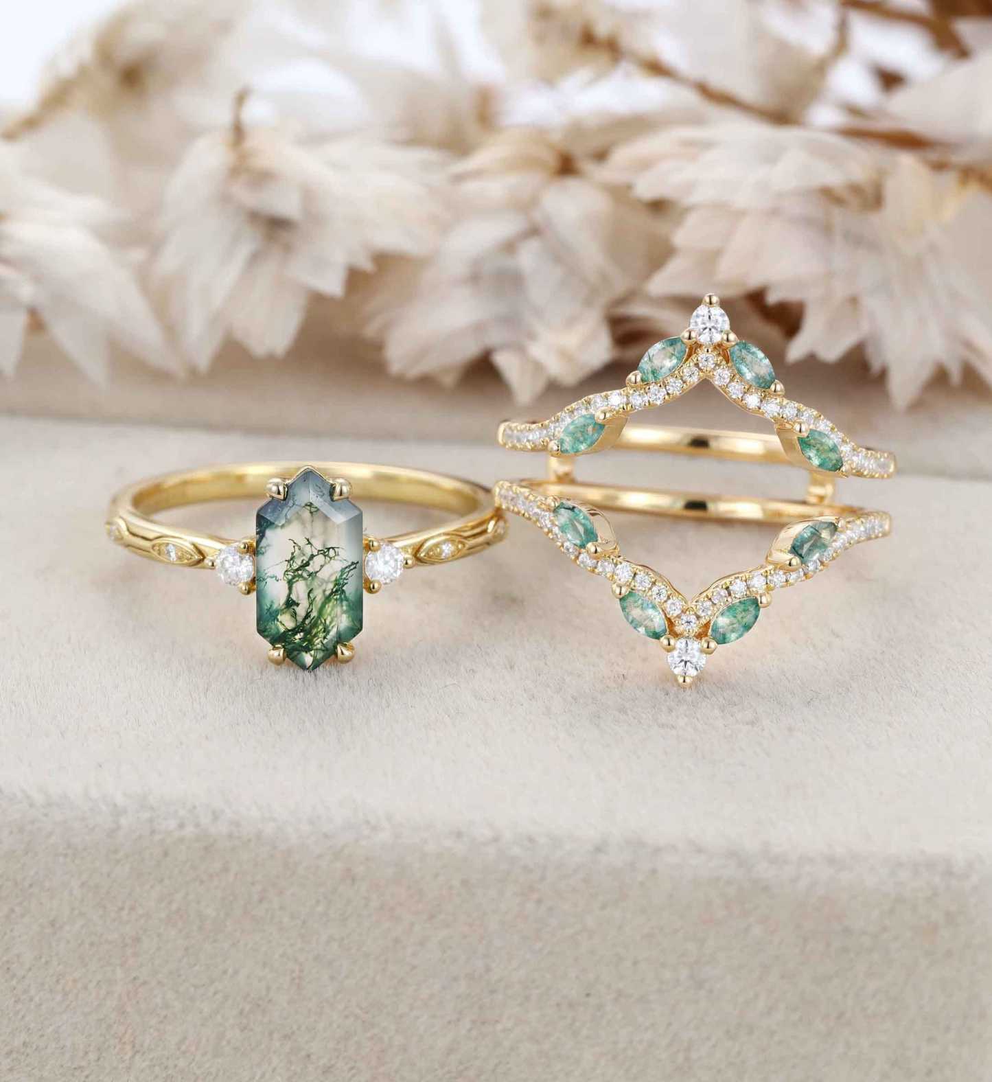 Hexagon cut Natural Moss Agate Engagement Ring Set Marquise Yellow Gold Engagement Ring Vintage Unique Cluster Ring Double Curved Diamond Promise Gift