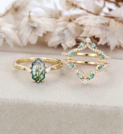 Hexagon cut Natural Moss Agate Engagement Ring Set Marquise Yellow Gold Engagement Ring Vintage Unique Cluster Ring Double Curved Diamond Promise Gift