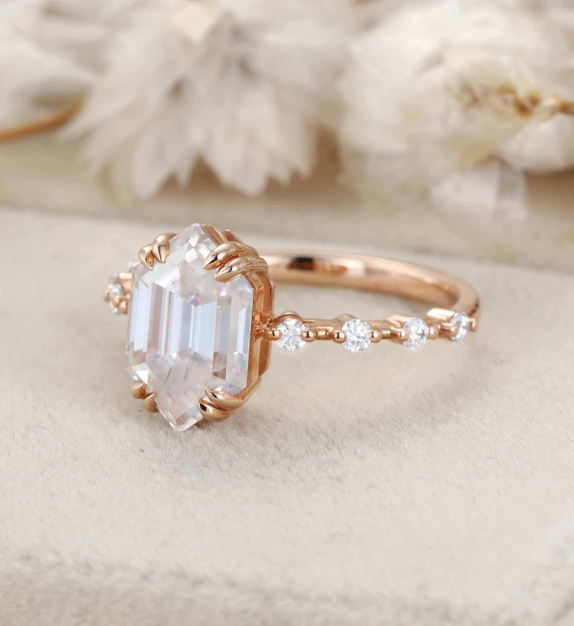 Hexagon cut moissanite engagement ring women Rose gold Unique engagement ring half eternity art deco ring Bridal Promise Anniversary gift