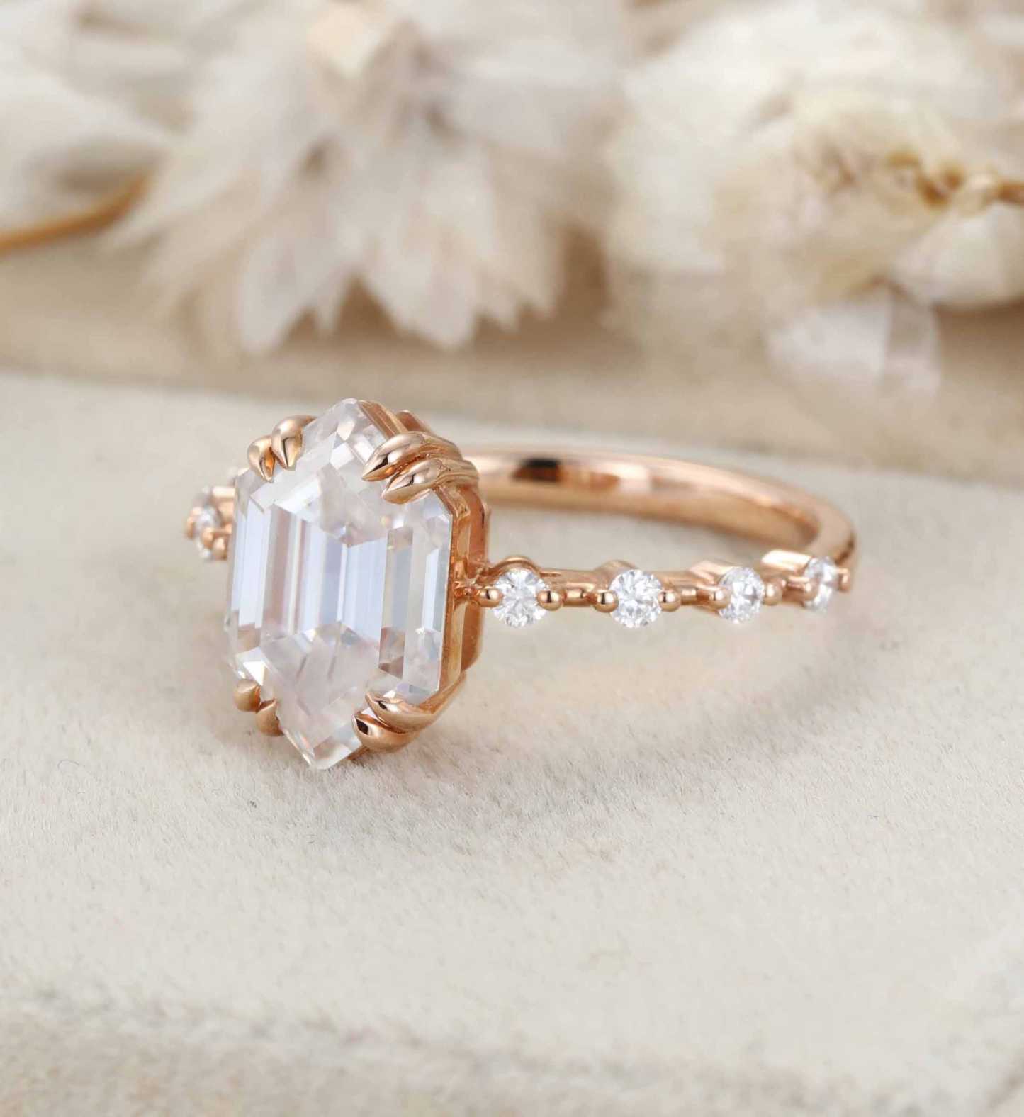 Hexagon cut moissanite engagement ring women Rose gold Unique engagement ring half eternity art deco ring Bridal Promise Anniversary gift