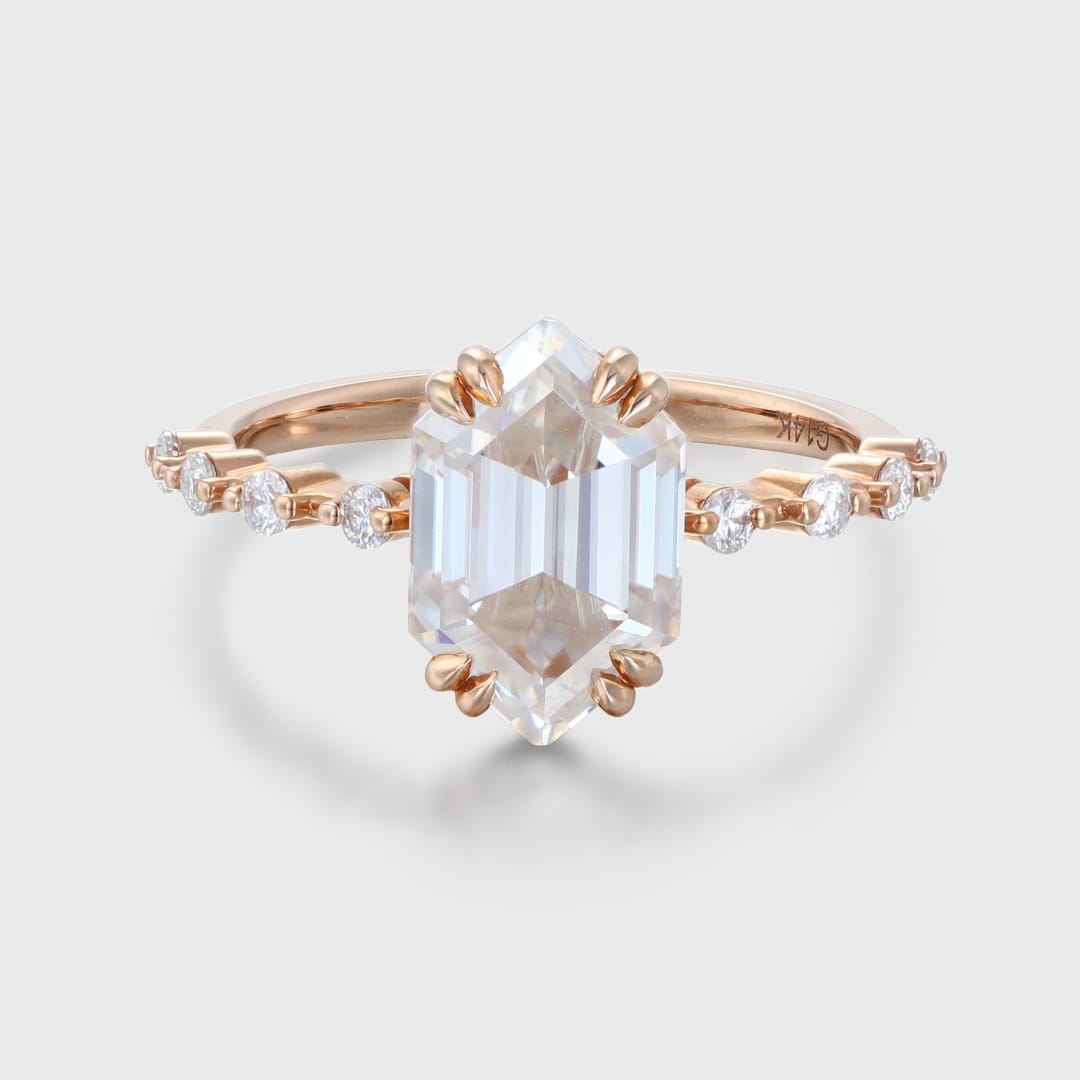 Hexagon cut moissanite engagement ring women Rose gold Unique engagement ring half eternity art deco ring Bridal Promise Anniversary gift