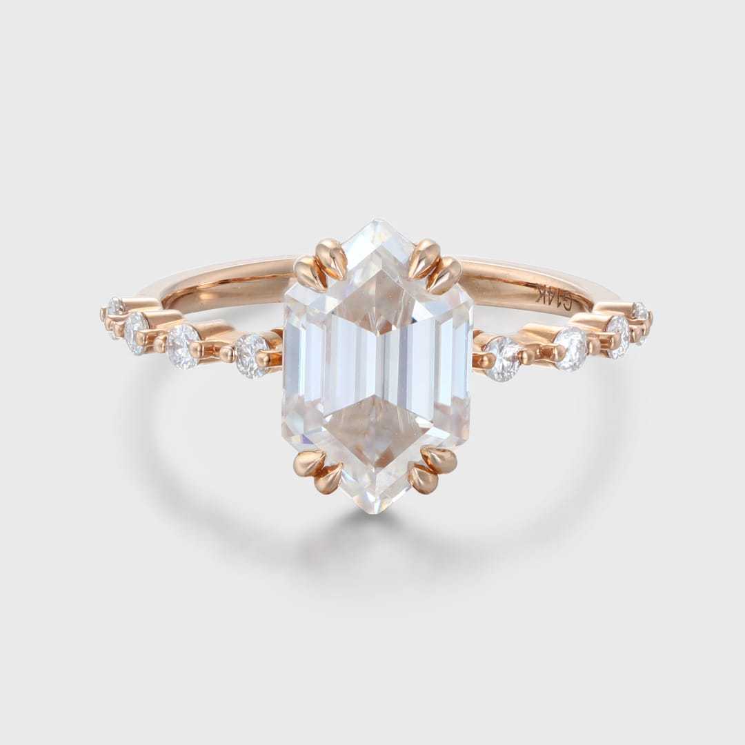 Hexagon cut moissanite engagement ring women Rose gold Unique engagement ring half eternity art deco ring Bridal Promise Anniversary gift