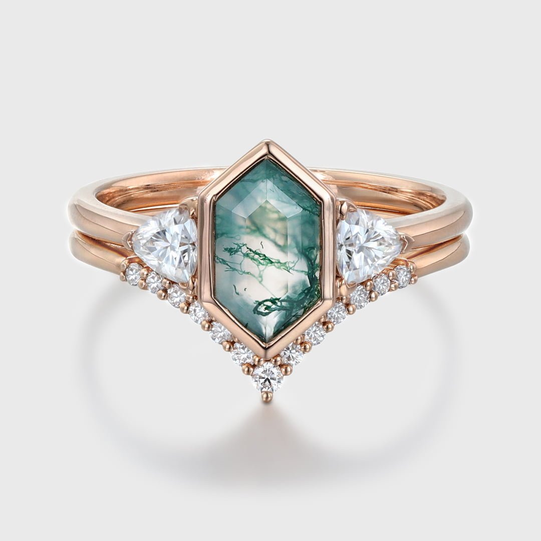 Hexagon cut moss agate engagement ring set vintage 14K Rose gold round moissanite unique diamond curved wedding band Promise Anniversary