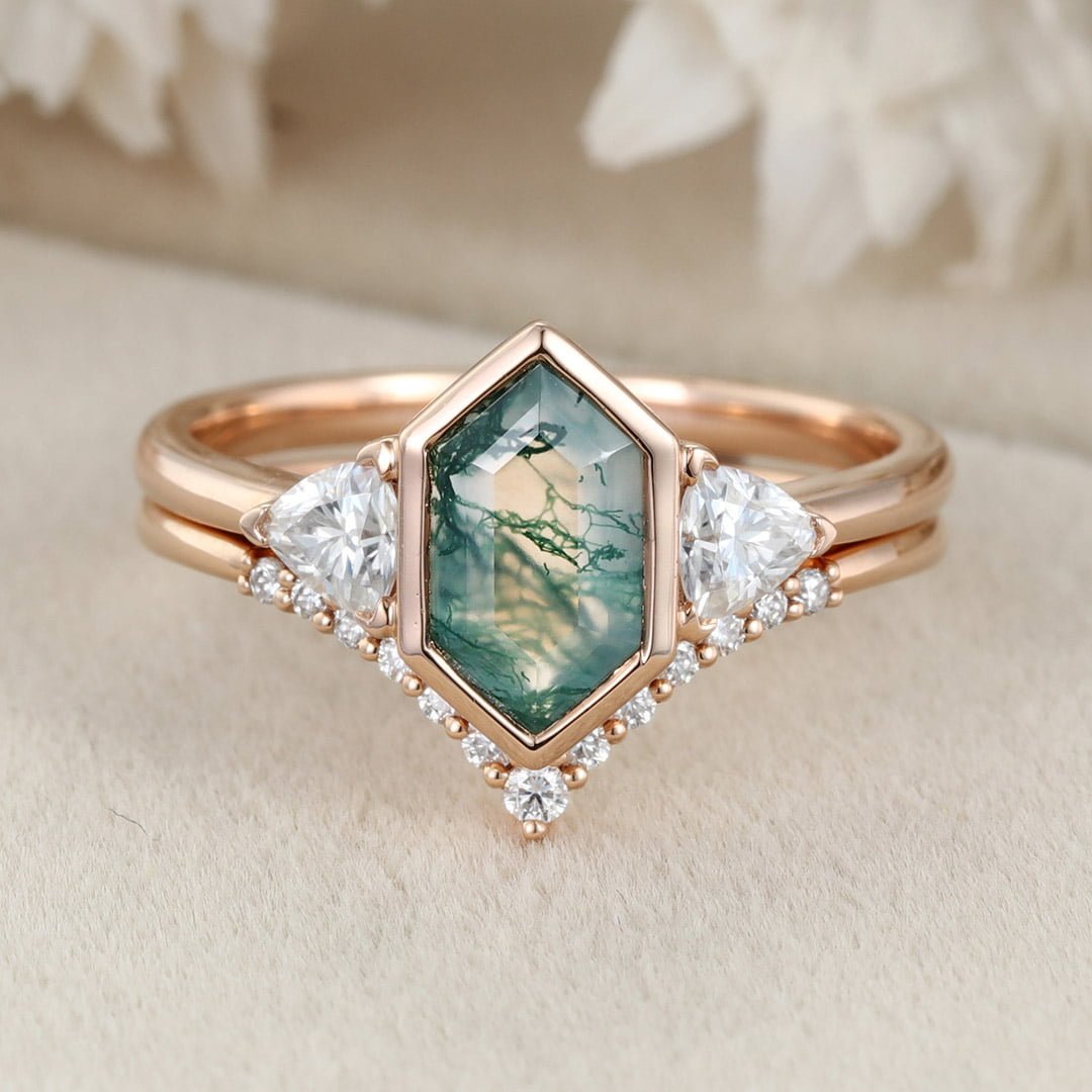 Hexagon cut moss agate engagement ring set vintage 14K Rose gold round moissanite unique diamond curved wedding band Promise Anniversary