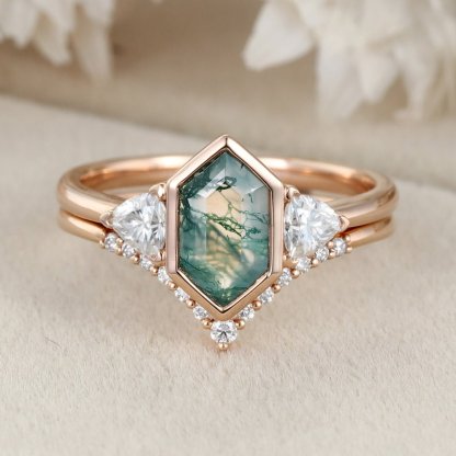Hexagon cut moss agate engagement ring set vintage 14K Rose gold round moissanite unique diamond curved wedding band Promise Anniversary
