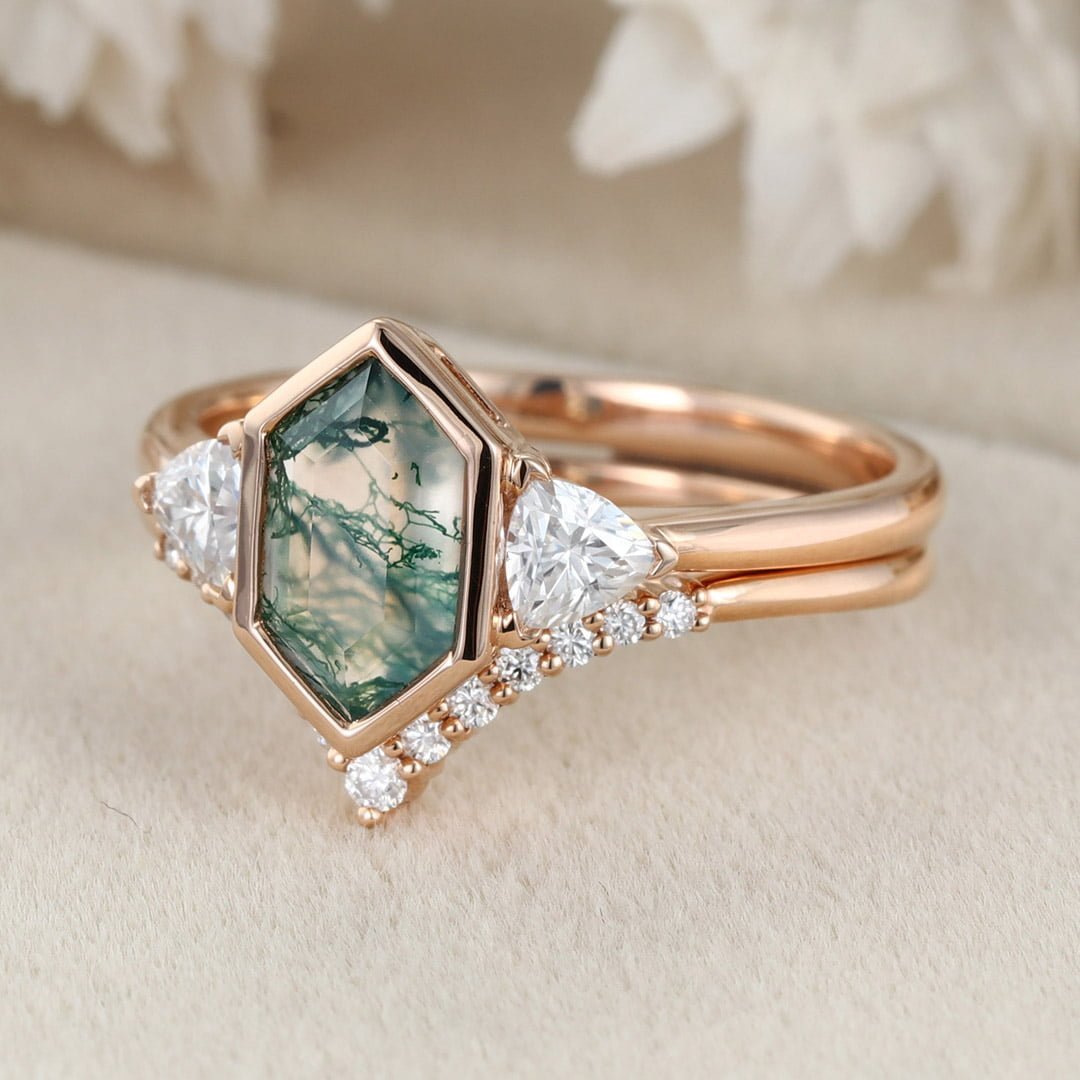 Hexagon cut moss agate engagement ring set vintage 14K Rose gold round moissanite unique diamond curved wedding band Promise Anniversary