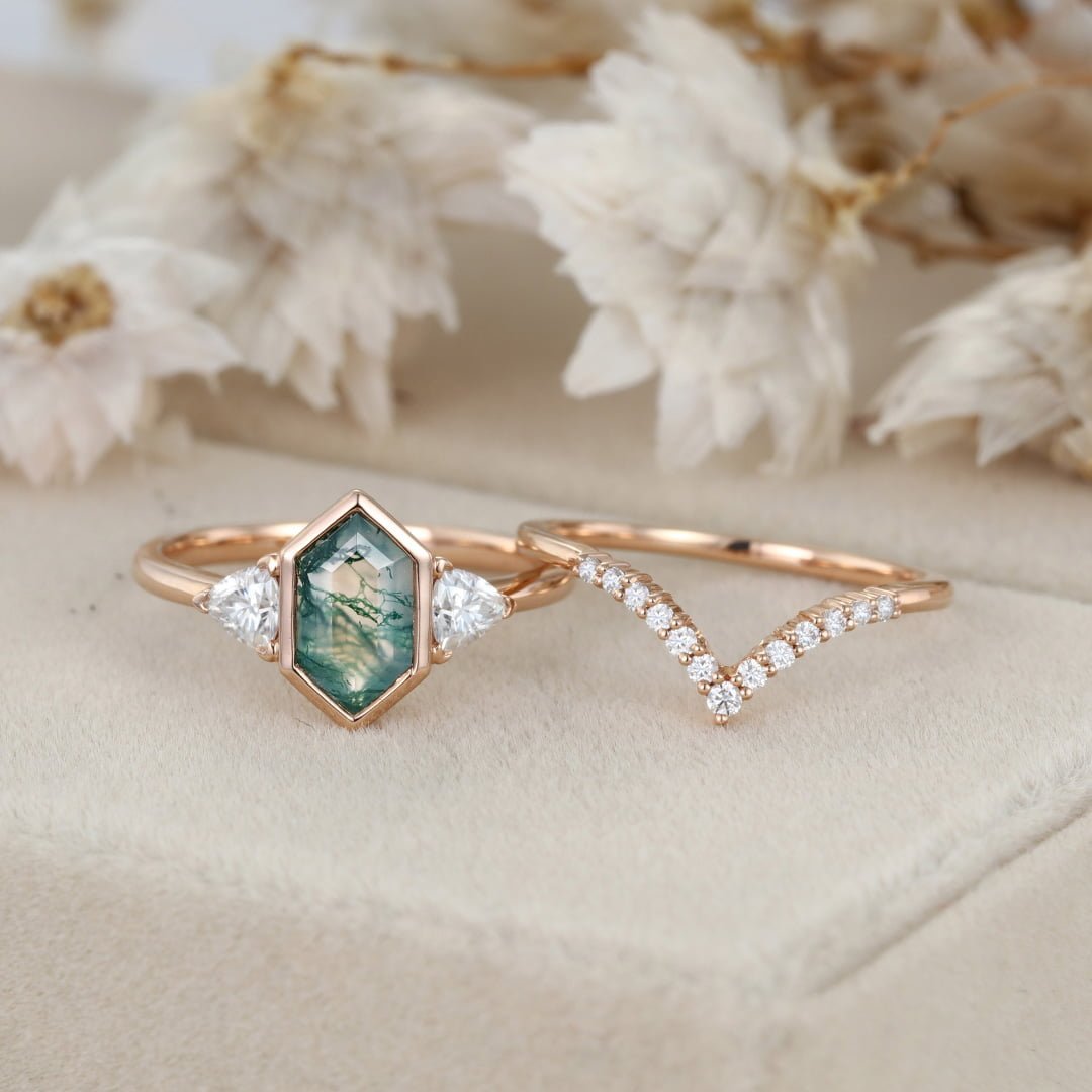 Hexagon cut moss agate engagement ring set vintage 14K Rose gold round moissanite unique diamond curved wedding band Promise Anniversary