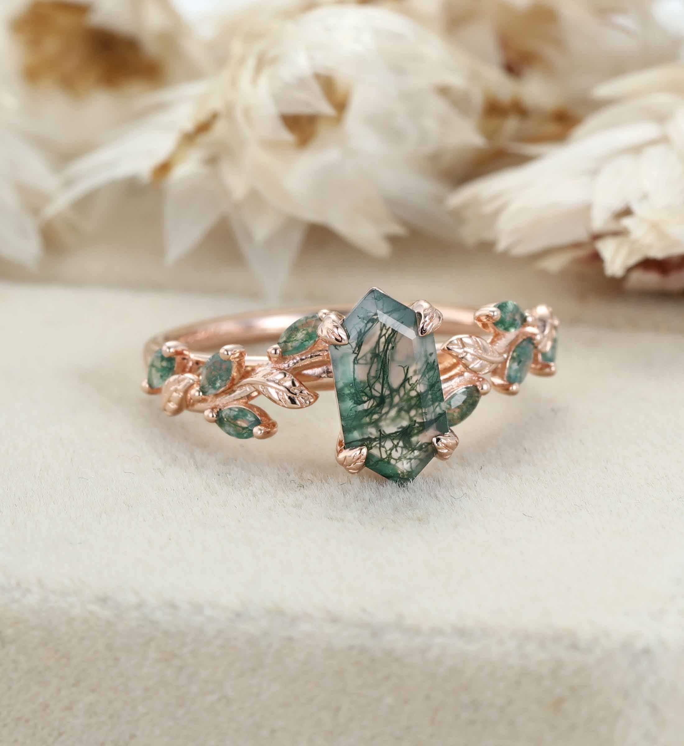 Hexagon cut moss agate ring Vintage rose gold engagement ring Art deco leaf ring Dainty twig ring Vine ring Promise ring Anniversary ring