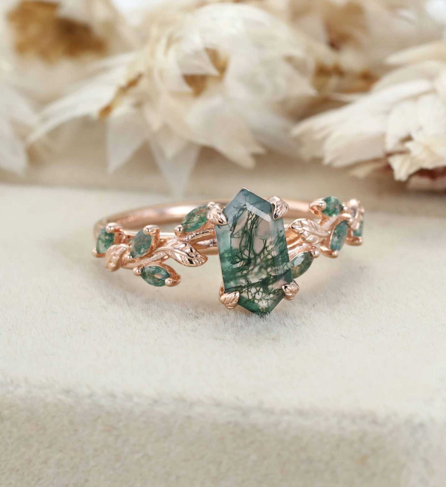 Hexagon cut moss agate ring Vintage rose gold engagement ring Art deco leaf ring Dainty twig ring Vine ring Promise ring Anniversary ring