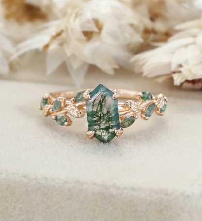 Hexagon cut moss agate ring Vintage rose gold engagement ring Art deco leaf ring Dainty twig ring Vine ring Promise ring Anniversary ring