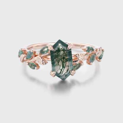 Hexagon cut moss agate ring Vintage rose gold engagement ring Art deco leaf ring Dainty twig ring Vine ring Promise ring Anniversary ring