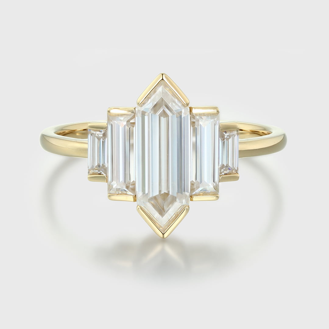 Bezel Set Hexagon Cut Moissanite Engagement Ring Unique Cluster Baguette Ring 14k Yellow Gold