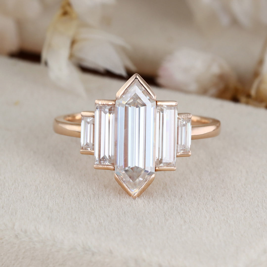 1.3 Carat Hexagon Cut Moissanite Bezel Ring In 14k Rose Gold