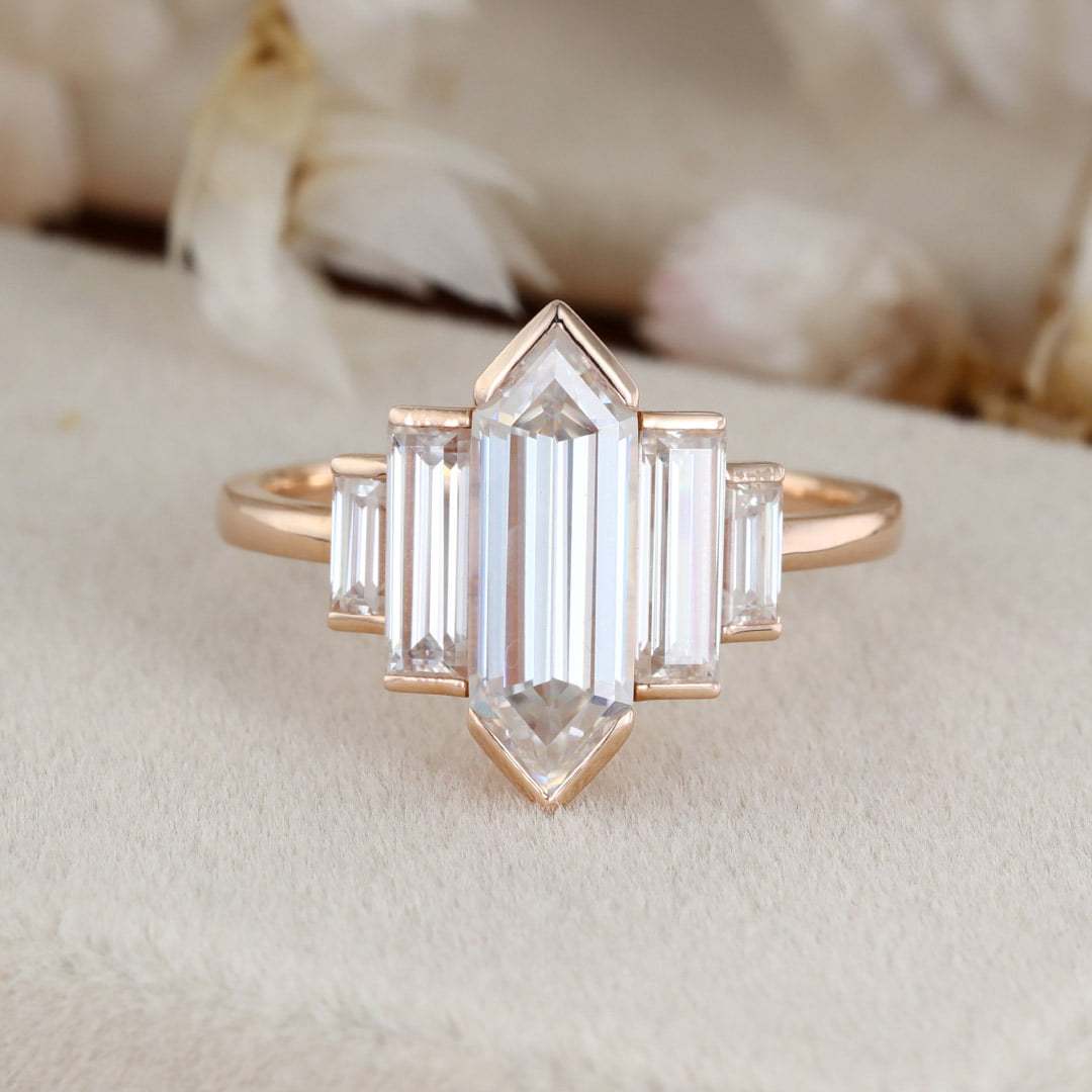 1.3 Carat Hexagon Cut Moissanite Bezel Ring In 14k Rose Gold