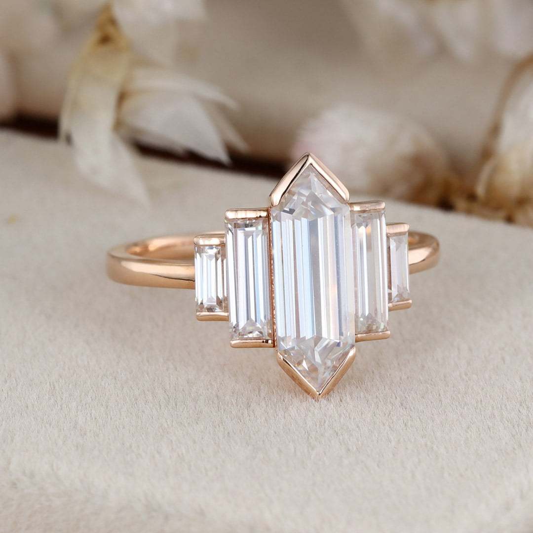 1.3 Carat Hexagon Cut Moissanite Bezel Ring In 14k Rose Gold