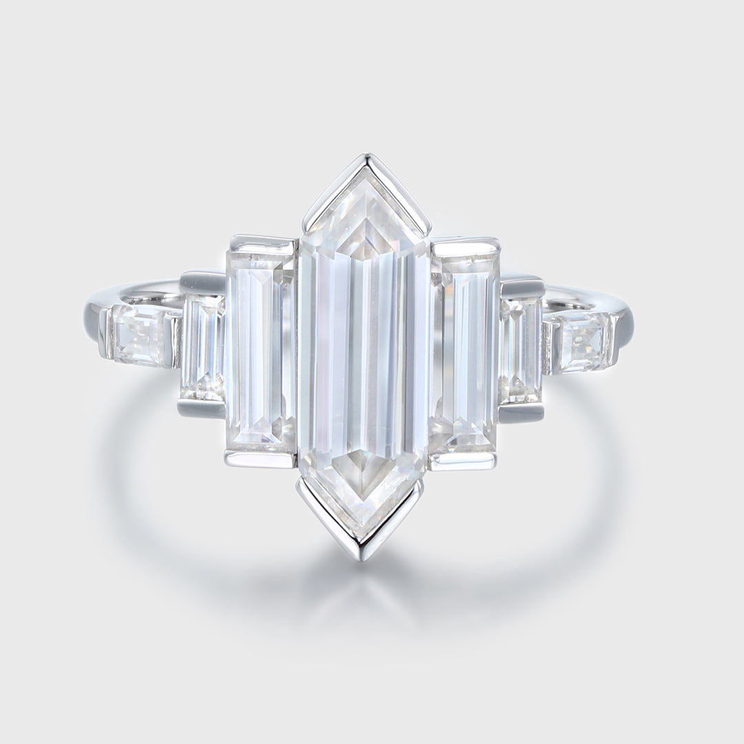 Hexagon moissanite engagement ring White gold engagement ring Unique Cluster baguette ring Bezel Set art deco Bridal Promise Anniversary gift