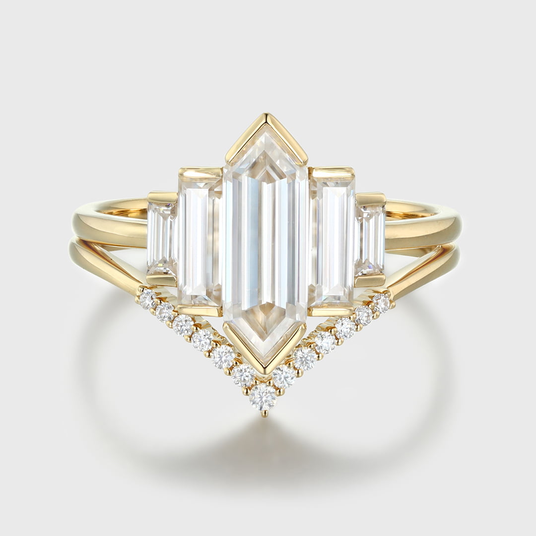 Hexagon moissanite engagement ring set Unique Yellow gold engagement ring Cluster baguette ring Bezel Set art deco Bridal set Anniversary