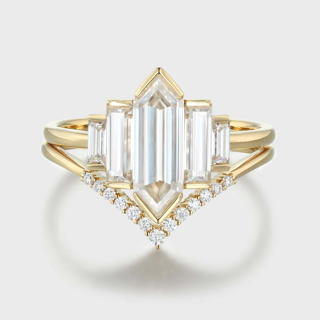 Hexagon moissanite engagement ring set Unique Yellow gold engagement ring Cluster baguette ring Bezel Set art deco Bridal set Anniversary