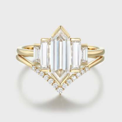 Hexagon moissanite engagement ring set Unique Yellow gold engagement ring Cluster baguette ring Bezel Set art deco Bridal set Anniversary