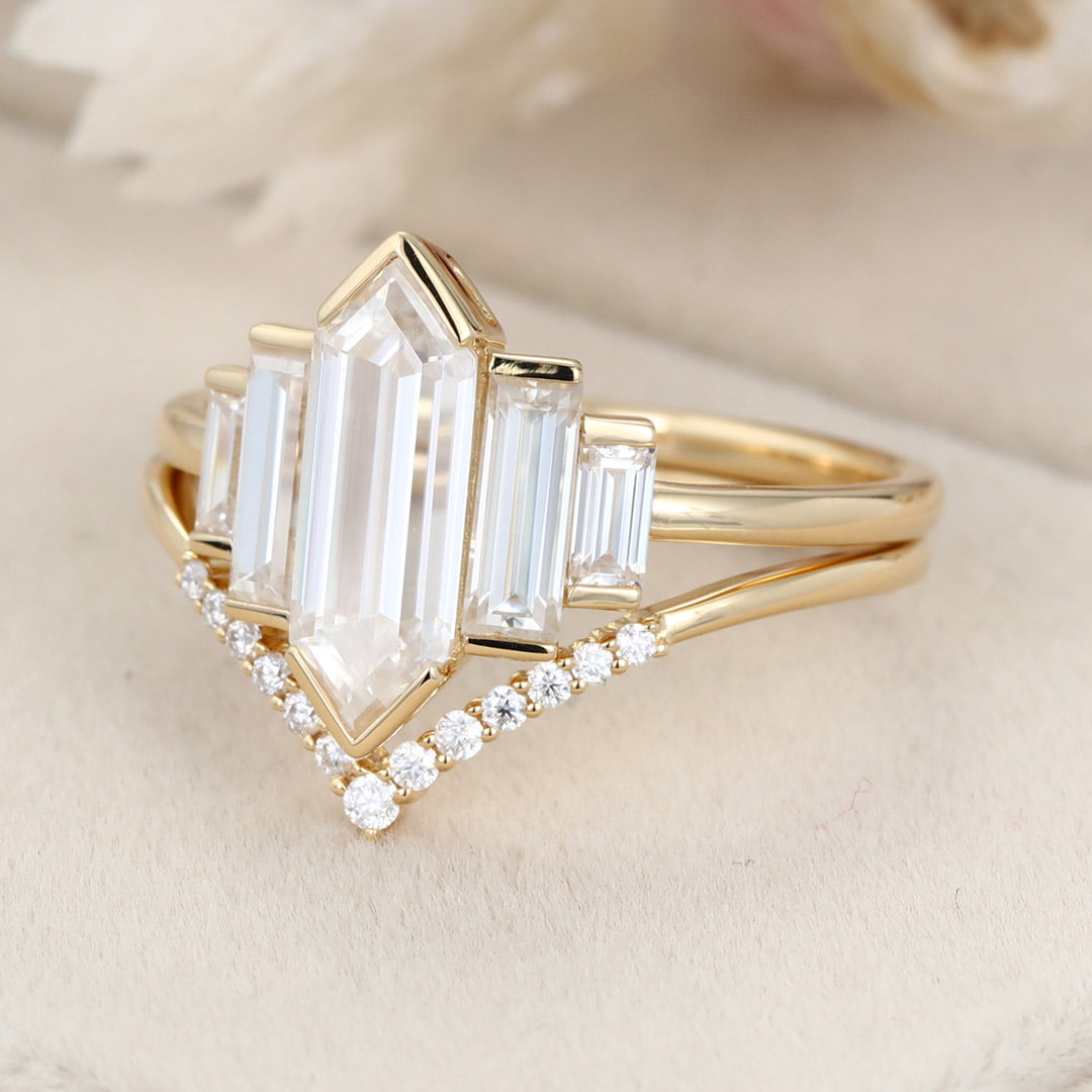 Hexagon moissanite engagement ring set Unique Yellow gold engagement ring Cluster baguette ring Bezel Set art deco Bridal set Anniversary