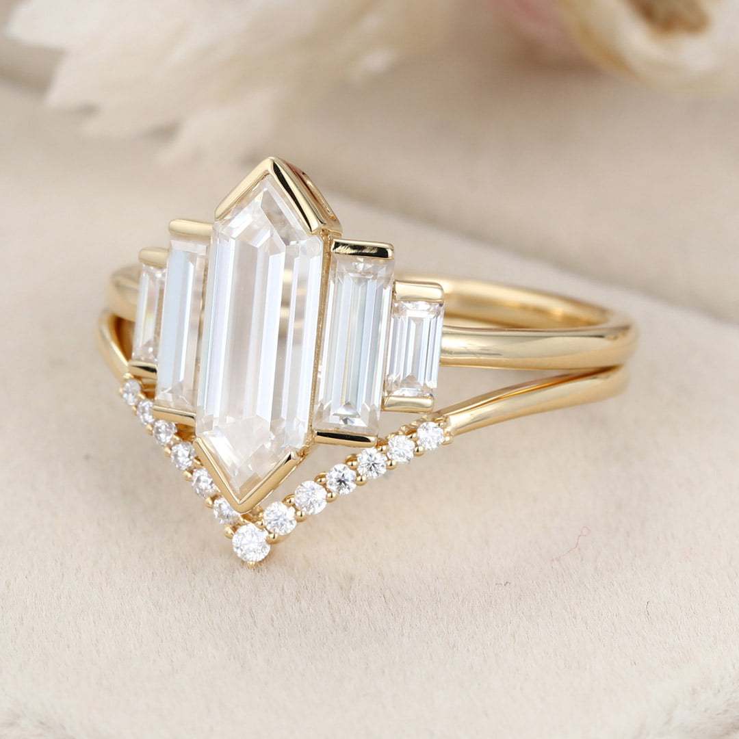 Hexagon moissanite engagement ring set Unique Yellow gold engagement ring Cluster baguette ring Bezel Set art deco Bridal set Anniversary