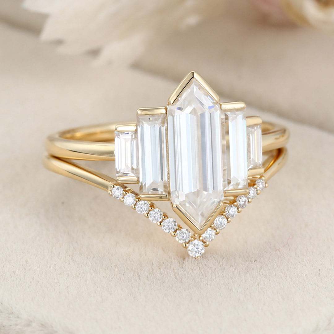 Hexagon moissanite engagement ring set Unique Yellow gold engagement ring Cluster baguette ring Bezel Set art deco Bridal set Anniversary