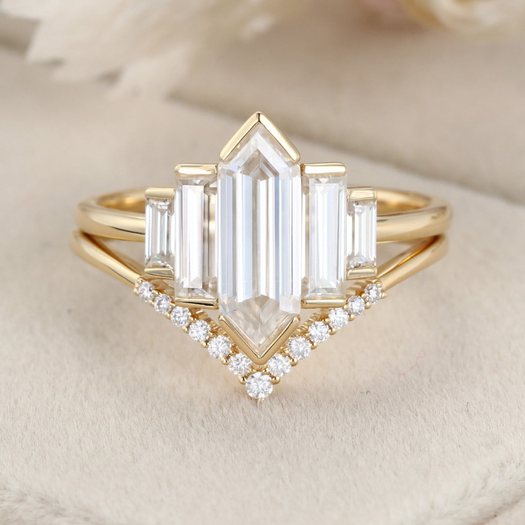 Hexagon moissanite engagement ring set Unique Yellow gold engagement ring Cluster baguette ring Bezel Set art deco Bridal set Anniversary