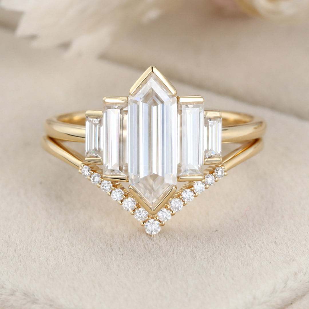 Hexagon moissanite engagement ring set Unique Yellow gold engagement ring Cluster baguette ring Bezel Set art deco Bridal set Anniversary