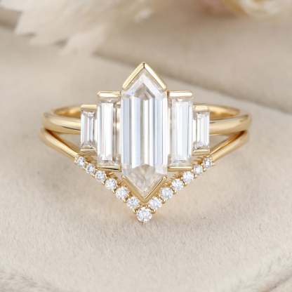 Hexagon moissanite engagement ring set Unique Yellow gold engagement ring Cluster baguette ring Bezel Set art deco Bridal set Anniversary