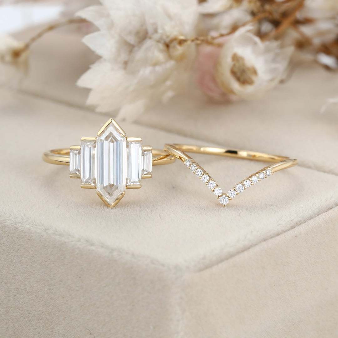 Hexagon moissanite engagement ring set Unique Yellow gold engagement ring Cluster baguette ring Bezel Set art deco Bridal set Anniversary