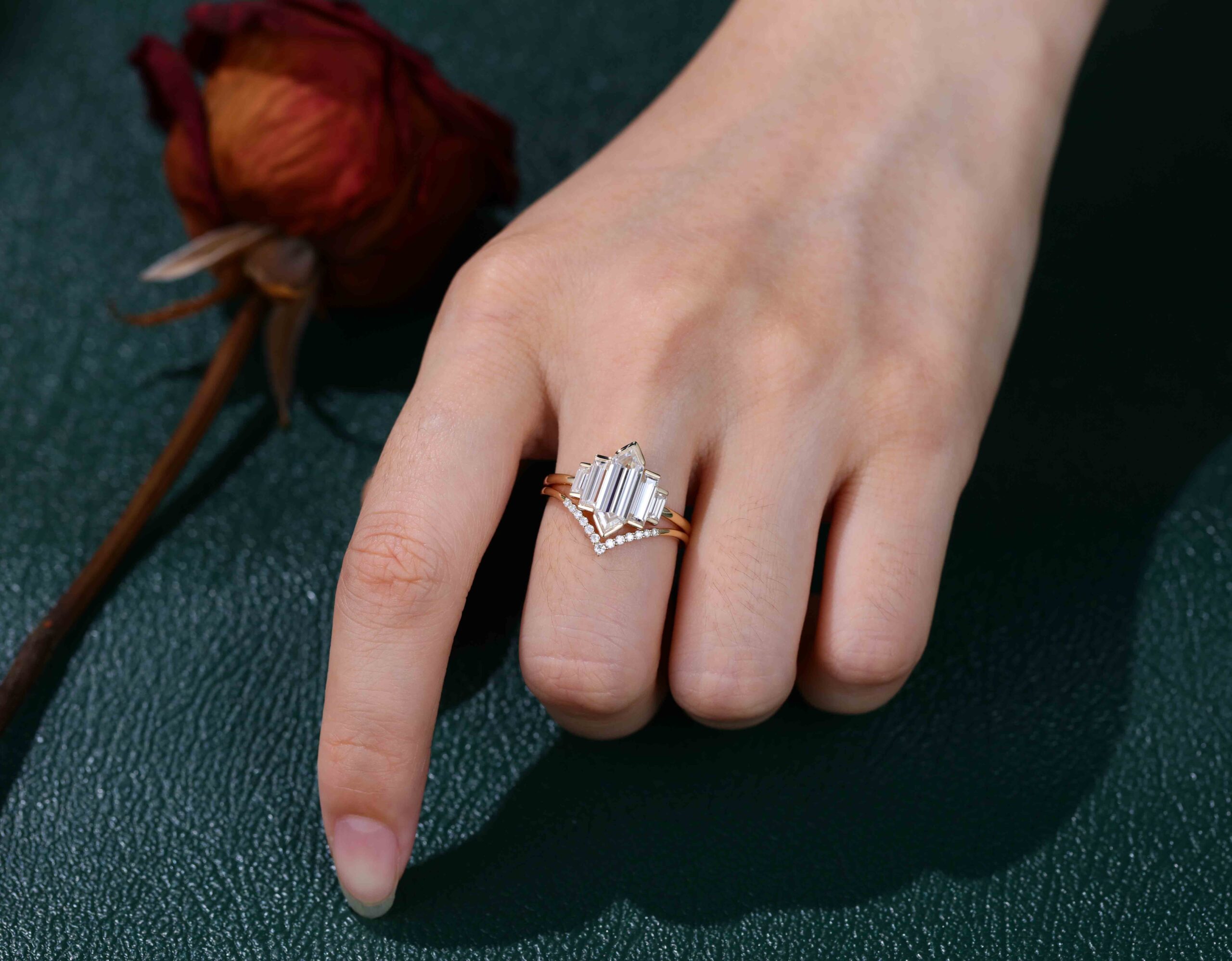 Hexagon moissanite engagement ring set Unique Yellow gold engagement ring Cluster baguette ring Bezel Set art deco Bridal set Anniversary