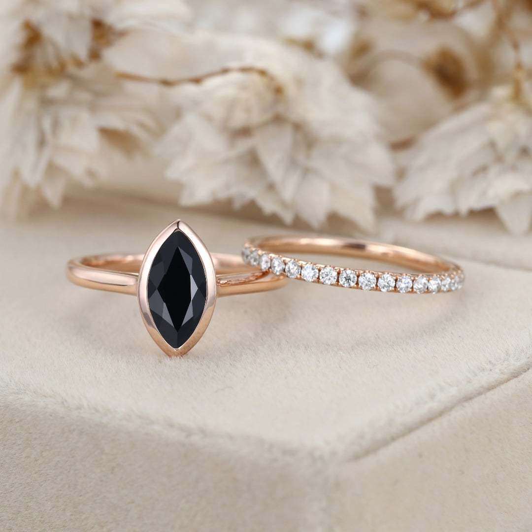 Hidden Halo Bezel 1.0CT Marquise Black Onyx Engagement Ring 2PCS Bridal Diamond Ring Set Rose Gold Half Eternity Wedding Bands